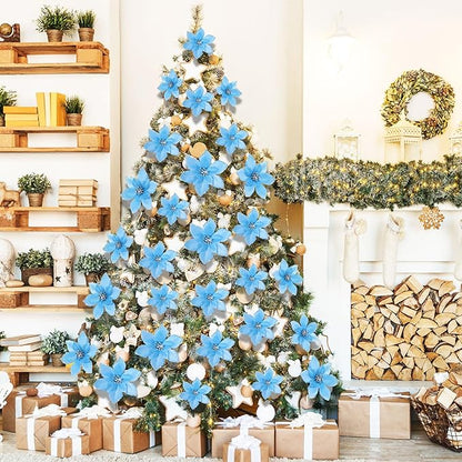 WILLBOND 24 Pcs 3 Size Poinsettia Flower Artificial Christmas Decor Glitter Poinsettia Christmas Ornaments Faux Flowers for Xmas Tree Outdoor(3.2/4/6 Inches,Lake Blue)