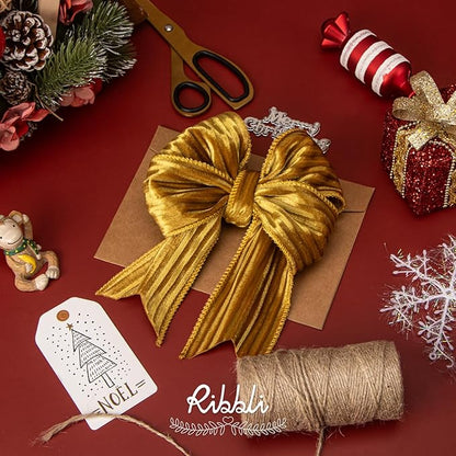 Ribbli Glossy Gold Velvet Wired Ribbon 2.5 Inch Striped Velvet Christmas Ribbon for Gift Wrapping Christmas Tree Decoration Crafts Wreaths Supplies-Continuous 10 Yards