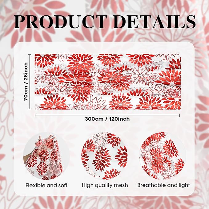 Artoid Mode Beige Red Dahlia Flower Gauze Table Runner 120 Inch 10FT, Glitter Metallic Foil Seasonal Sheer Dining Holiday Table Decor for Home Party