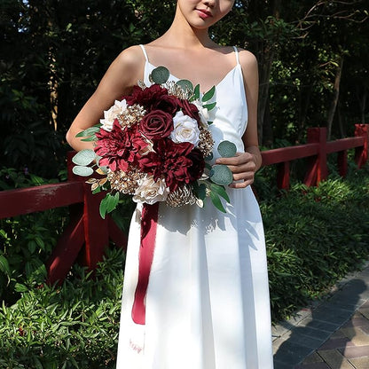 ponatia Artificial Flowers Wedding Flowers Combo for DIY Wedding Bouquets Party Decorations (Gold & Brugundy & Cream)