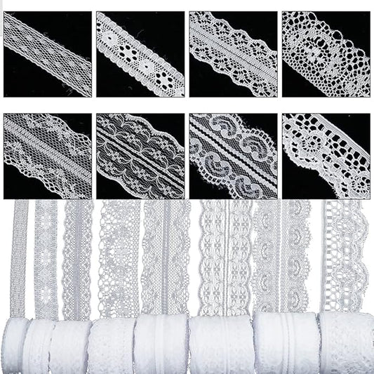 80 Yards White Lace Trim Ribbon,8 Rolls Crochet Sewing Assorted Patterns Vintage Floral Lace Ribbons for Sewing DIY,Gift Wrap,Scrapbooking, Bridal Shower Wedding Decor, 10 Yards Each Roll