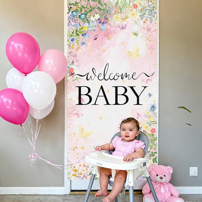 Wildflower Baby Shower Decorations Banner - Floral Welcome Baby Door Banner Party Supplies, Flower Theme Photo Background for Birthday Baby Shower Gender Reveal (72.8 x 35.4 inch)
