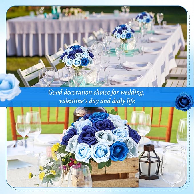 Hotop 40 Pcs Rose Artificial Flowers Bulk with Long Stem,Realistic Silk Fake Roses Bouquet for Home Wedding Centerpieces Party Table Decoration Valentines Gifts(Gradient Blue)