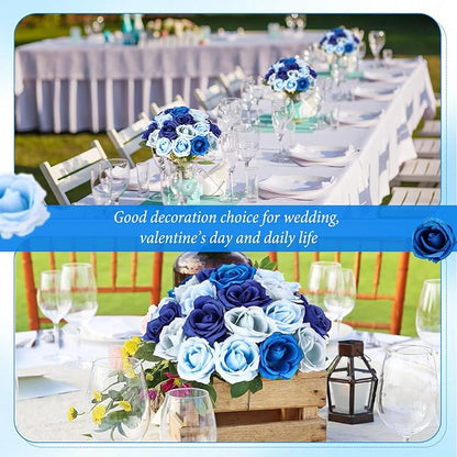 Hotop 40 Pcs Rose Artificial Flowers Bulk with Long Stem,Realistic Silk Fake Roses Bouquet for Home Wedding Centerpieces Party Table Decoration Valentines Gifts(Gradient Blue)
