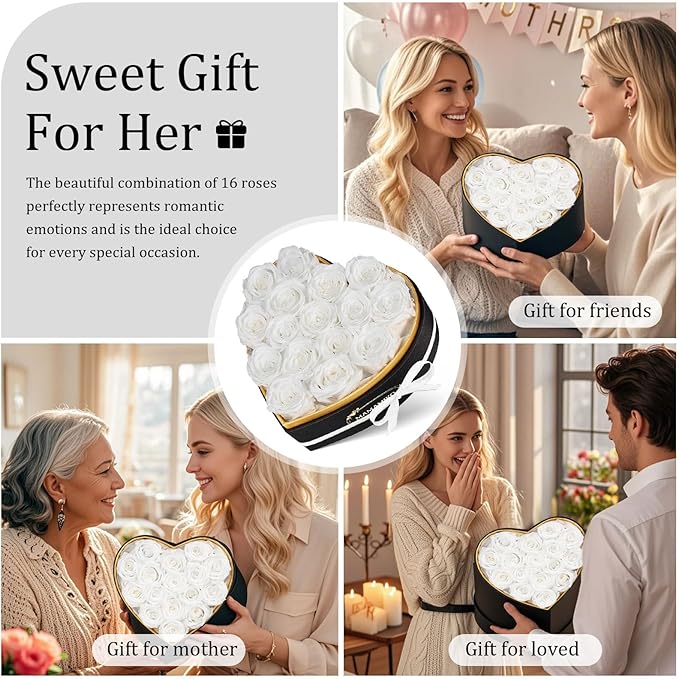 16 Preserved Roses in Heart Shape Gift Box for Her - Forever Flowers for Delivery, Eternal Rose Mothers Gifts for Mom, Wife Anniversary Birthday Gifts for Women, White