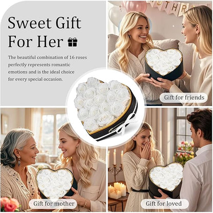 16 Preserved Roses in Heart Shape Gift Box for Her - Forever Flowers for Delivery, Eternal Rose Mothers Gifts for Mom, Wife Anniversary Birthday Gifts for Women, White