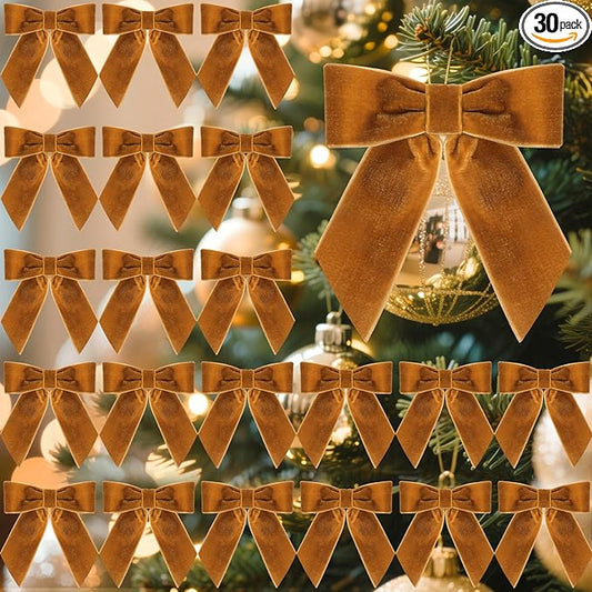 30 Pcs Velvet Ribbon Bows 5" x 4" Pre Tied Christmas Velvet Bows with Twist Tie for Gift Packaging Christmas Tree Wreaths Door Windows Wedding Party Decoration(Camel)