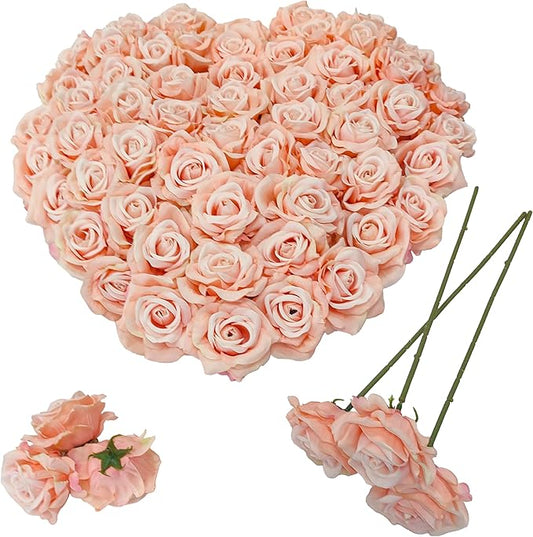 Artificial Satin Rose Flower Heads,48 Pcs Silk Rose Heads with Stems,3.3'' Rose Artificial Flowers Bulk,Artificial Rose Flower Heads for DIY Crafts Bouquet (48, Blush)