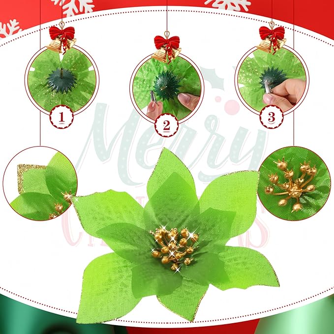 WILLBOND 24 Pcs 3 Size Poinsettia Flower Artificial Christmas Decor Glitter Poinsettia Christmas Ornaments Faux Flowers for Xmas Tree Outdoor(3.2/4/6 Inches,Green)