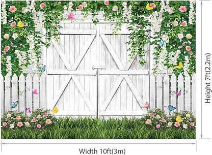 AOFOTO White Barn Door Floral Backdrop 10x7ft Spring Garden Background Banner Green Leaves Flowers Butterfly Wooden Door Backdrops Birthday Bridal Shower Wedding Banner Photo Booth Studio Props