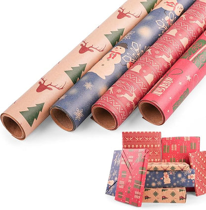 Happypapa Christmas Wrapping Paper, Kraft Xmas Wrapping Paper Rolls - Jingle Bell, Reindeer, Gift and Snowflakes Pattern - 4 Rolls - 17 Inch × 120 Inch Per Roll