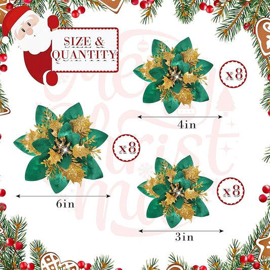 Geosar 24 Christmas Glitter Artificial Poinsettia Flowers Xmas Poinsettia Artificial Wedding Flowers Decorations Xmas Tree Ornaments with Clips for Party Favors, 6 Inch, 4 Inch, 3 Inch (Green, Gold)