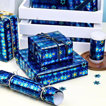 MAYPLUSS Reversible Wrapping Paper - Mini Roll - 17in * 32.8 Feet- Happy Hanukkah Lettering with Glitter Metallic Foil (47.3 sq.ft.ttl) for Chanukkah,Christmas