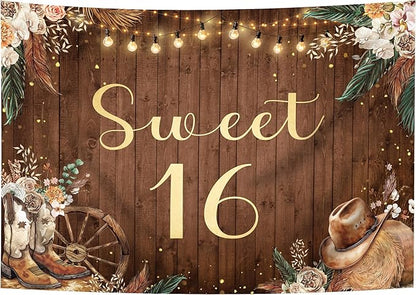 SVBright Sweet 16 Backdrop 8Wx6H Western Cowgirl Retro Boho Pampas Grass Country Flower Floral West Rustic Wooden Boots Hat Farmhouse Decorations Photography Background Banner Photo Booth Studio