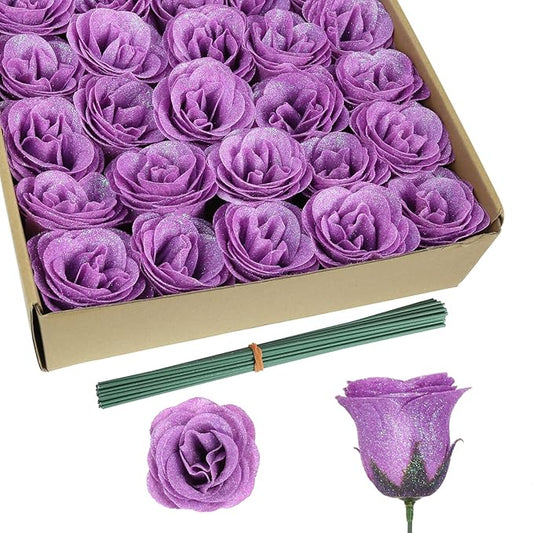 30PCS Purple Glitter Roses Artificial Flowers Fake Roses with Stems for Wedding Bouquet Party Christmas Home Decor(Purple)