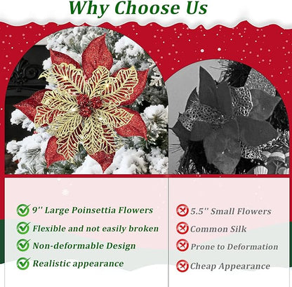 9'' Large Christmas Poinsettia Flowers, 4 Pcs Red Gold Glitter Artificial Christmas Tree Ornament Flowers Decorations with Clips for Xmas Tree Wreath Garland Wedding Party DIY Decor