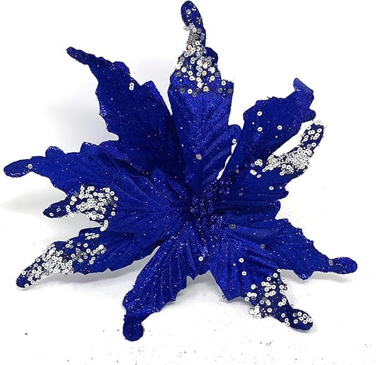 Allgala 6-PK Glitter and Sequin Decorated Fabric Poinsettia Artificial Christmas Flower with Clips-Royal Blue-XF93308