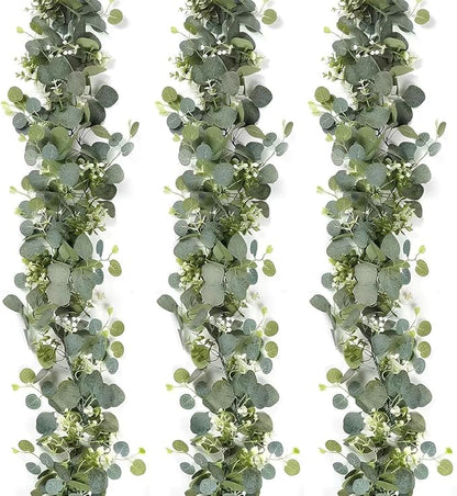 Mavee 3-Pack 5.9ft Artificial Eucalyptus Greenery Garland with Silver Dollar Leaves - Spring Table Runner Vines for Wedding Decor, Home Mantel, Wall Hanging & Party Arrangements