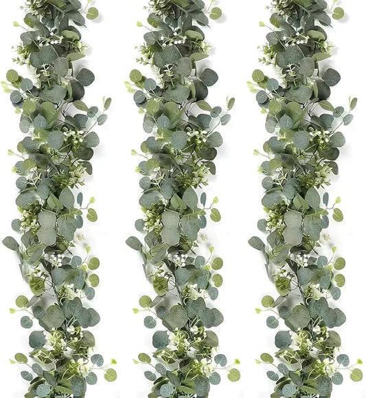 Mavee 3-Pack 5.9ft Artificial Eucalyptus Greenery Garland with Silver Dollar Leaves - Spring Table Runner Vines for Wedding Decor, Home Mantel, Wall Hanging & Party Arrangements