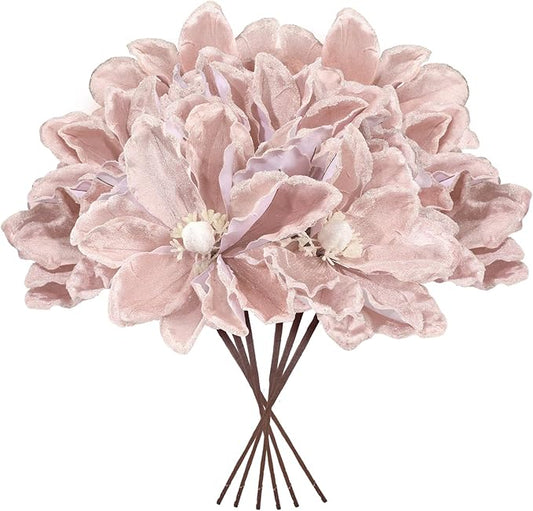 8 Pcs Large Christmas Flower Magnolia Flowers Christmas Tree Decoration Artificial Poinsettia Stems Velvet Xmas Ornaments for Xmas Tree Table Decor(Pink,12 Inch)