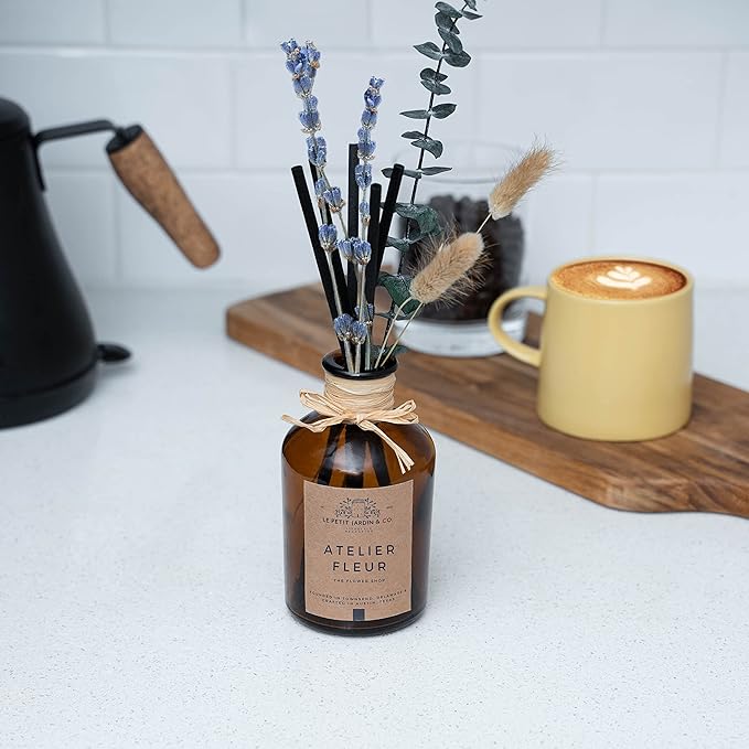 Reed Diffusers - Oil Sticks Diffuser Set with Real Dried Flowers - Reed Diffusers for Home, Bathroom & Office | Air Freshener Fragrance Sticks for Shelf Decor & Gifts by Le Petit Jardin & Co.