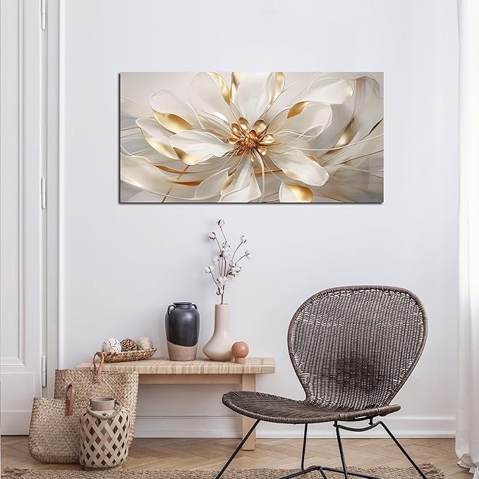 Fowers Wall Art for Bedroom Women White and Gold Wall Decor for Living Room Floral Art Print Wall Decoration 20 x 40 Inch