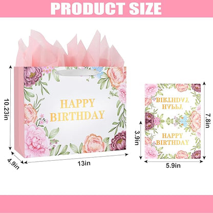 ASYEHJNR 13" Large Size Happy Birthday Gift Bag Metallic Gold Happy Birthday Sign with Floral Peony Flower Pattern Retro Gift Bag with Greeting Card and Tissue Paper and Handle for Girls Women Bday
