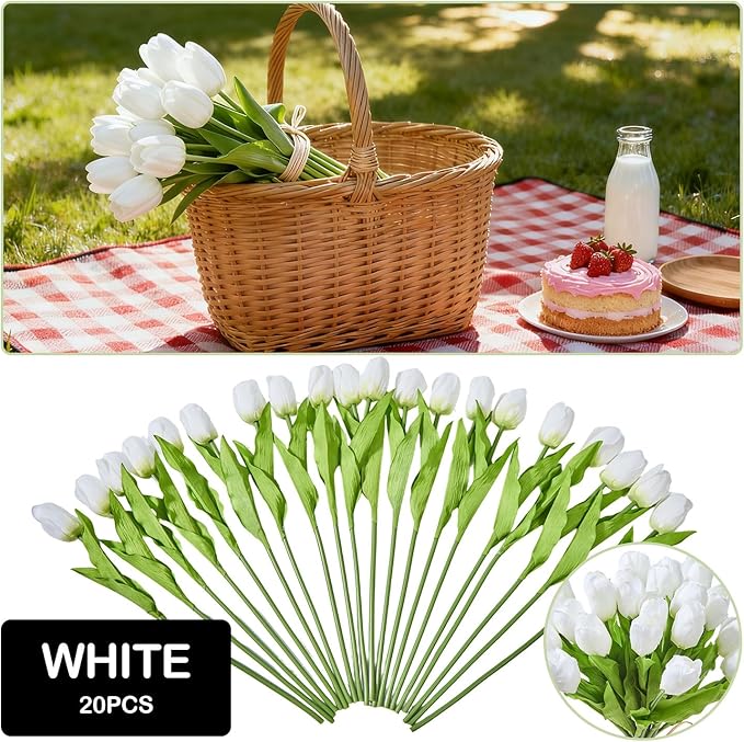 Artificial Flowers Mother's Day Easter Valentine's Day Gifts, Artificial Flowers Fake Tulips Flowers Home Kitchen Wedding Table Decorations a Bunch of 20 White Tulips
