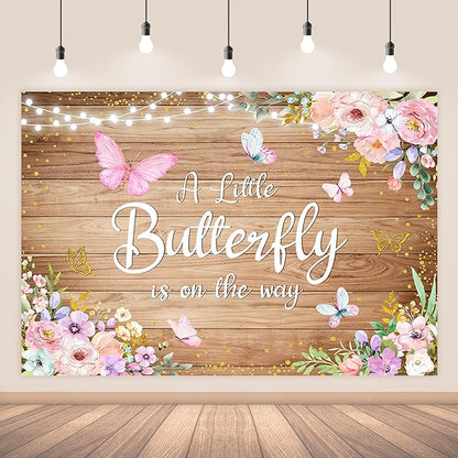 7x5ft Butterfly Baby Shower Backdrop A Little Butterfly is on The Way Photography Background Rustic Wooden Pink Floral Flowers Princess Girl Newborn Party Banner Decoration