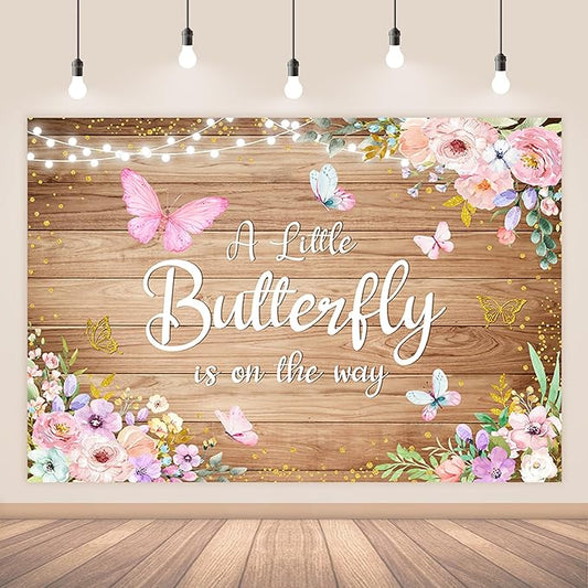 7x5ft Butterfly Baby Shower Backdrop A Little Butterfly is on The Way Photography Background Rustic Wooden Pink Floral Flowers Princess Girl Newborn Party Banner Decoration