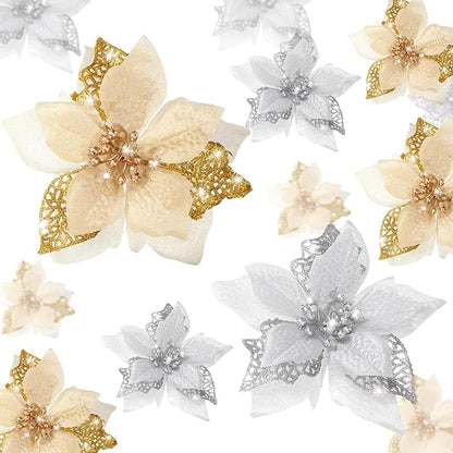 WILLBOND 36 Pieces Christmas Poinsettia Glitter Faux Flowers Christmas Artificial Flowers Tree Ornaments Topper Xmas Decorations (Gold, Silver)