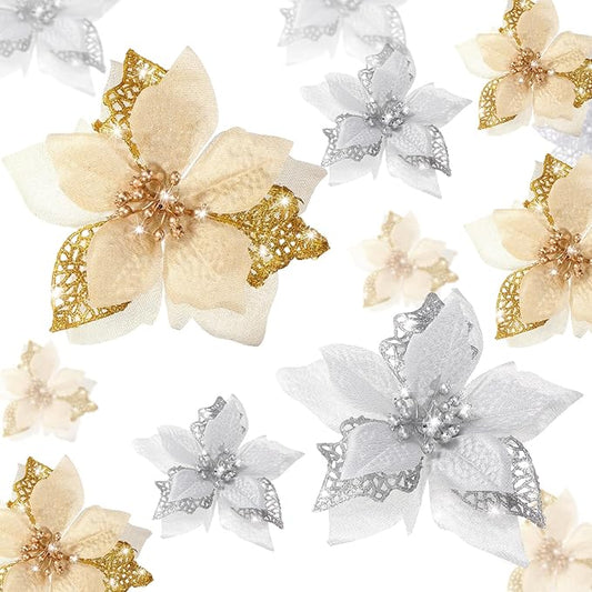 Boao 24 Pieces Christmas Artificial Glitter Poinsettia Flowers Xmas Flowers Wedding Christmas Tree New Year Ornaments (Gold and Silver)