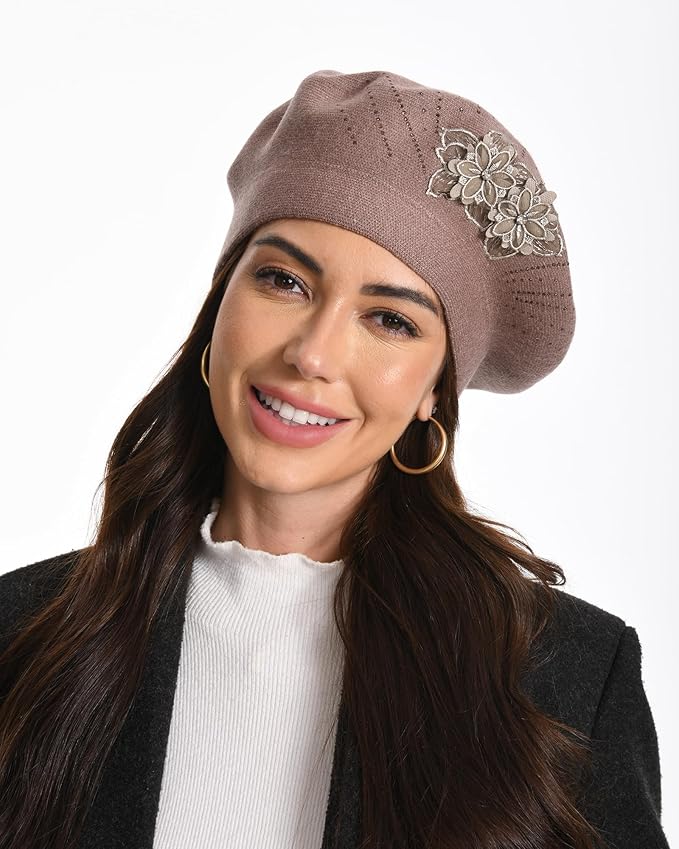 Flower Embroidery Beret Hat for Women, French Style Knitted Beret Hats, Stylish Solid Color Beret Cap for Women Girls Lady