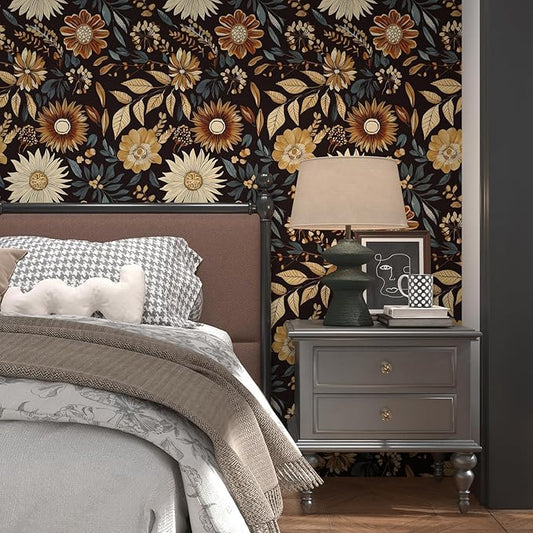 Extra Long Vintage Wallpaper Peel and Stick, 17.5" x 393" Boho Dark Floral Sunflower Contact Paper for Bedroom Cubicle Door, Retro Abstract Removable Antique Wall Paper Art Decor Black Orange