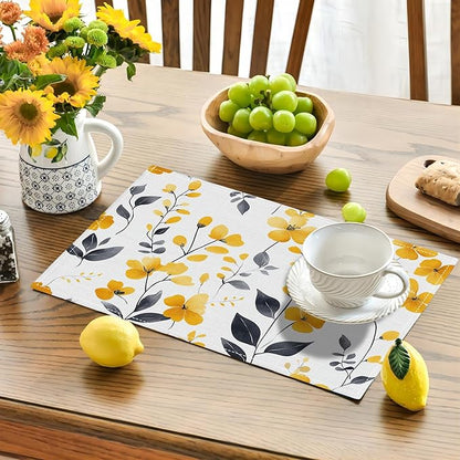 Farmhouse Yellow Flowers Placemats Set of 4, Rustic Floral Place Mats, Country Dining Table Mats, Washable Spring Placemats for Kitchen Dining Room Home Decor 18L'' × 12W''
