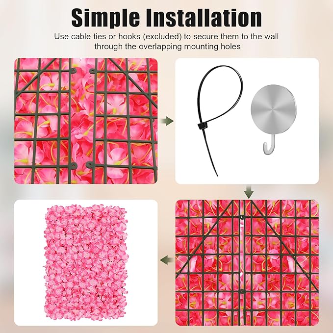 3D Flower Wall Panel, 10pcs Pink Artificial Floral Wall Backdrop, Realistic Silk Flower Backplanes, Roll Up Fake Flower Background for Valentines Wedding Party Photo Arrangement Decor
