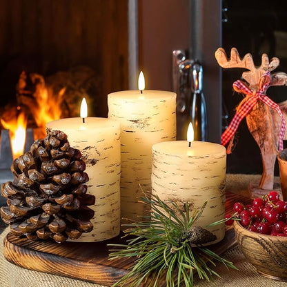 Eywamage Birch Bark Flameless Pillar Candles with Remote, Flickering Rustic Battery LED Wood Candles Set of 3