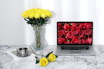 SITUMEIZI 15PCS Yellow Artificial Roses Silk Flowers Fake Roses Realistic Bouquet Long Stem with Gift Box for Mother's Gift Day Home Party Wedding Decorations