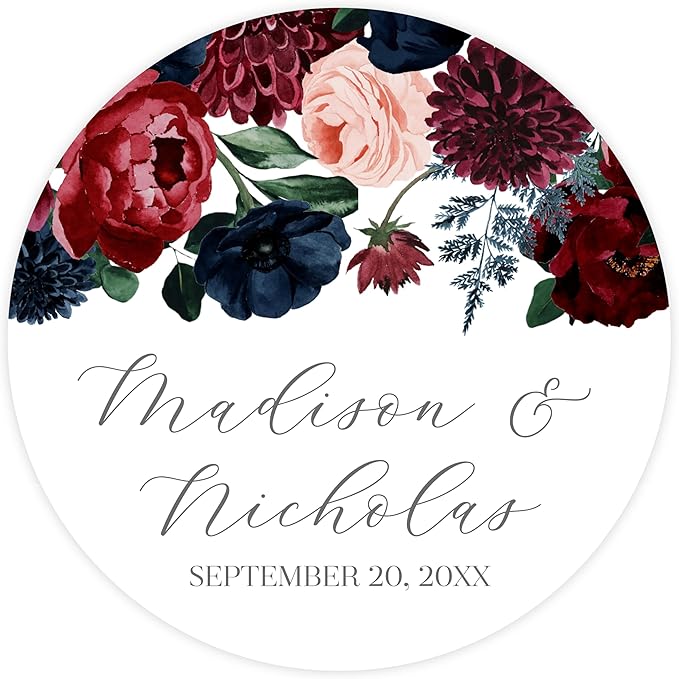Personalized Floral Wedding Stickers with Your Choice of 30 Flower Styles - Choose Font and One of Five Pre-made Phrases or Add Custom Text (019 - Navy, Red, and Pink Flowers)
