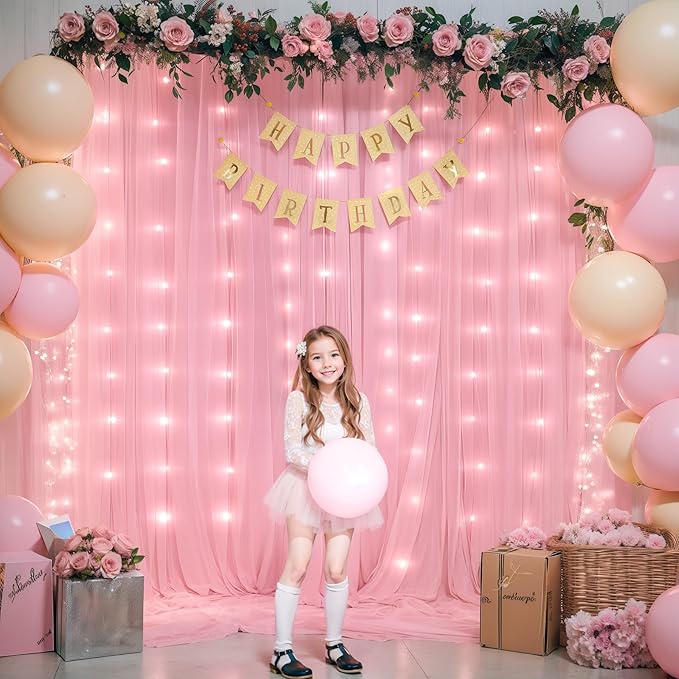 Sheer Backdrop Curtains with Lights String for Weddings Baby Showers, 20x10ft Sheer Tulle Photo Backdrop Curtains for Birthday Party Photography Background Decoration, Pink