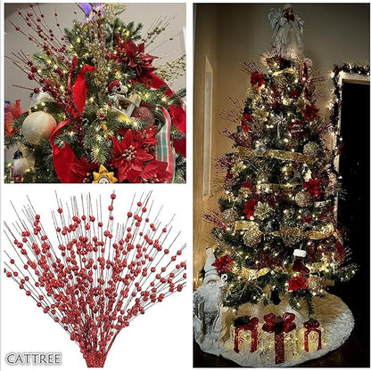 Artificial Glitter Berry Stems Decorations 17 Inch, Fake Berries Bead Sticks Pick for Halloween Christmas Ornaments Berries Stem Xmas Tree Picks Wreath Vase Filler Home DIY Decor - Red 10 Pack