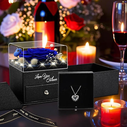 FIACO Gifts for Women Preserved Real Roses with I Love You Necklace Fresh Forever Flowers Birthday Gifts for Mom Grandma Wife Girlfriend on Anniversary Christmas Valentines Romantic Gift