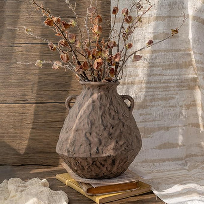 Ceramic Rustic Farmhouse Flower Vase with 2 Handles, 10.6 Inch Tan Brown Vintage Clay Terracotta Pottery Texture Handmade Vase,Wabi Sabi Home Living Room Table Decor,Gift for Women Girls