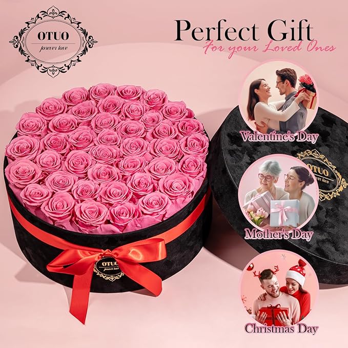 40 Real Preserved Roses in Suede Box Forever Roses Last Up to 3 Years, Flowers for Delivery Prime, Mother’s Day, Birthday, Christmas - Pink