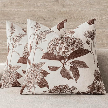 Foindtower Set of 2 Linen Floral Throw Pillow Covers Neutral Vintage Print Decorative Cushion Covers Farmhouse Boho Home Decor for Sofa Chair Couch Bedroom Living Room,20×20 Inch,Dark Brown