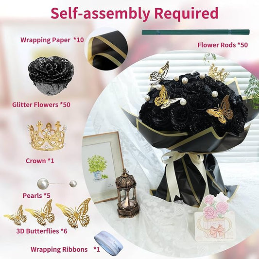 Glitter Roses Bouquet, Shiny Artificial Roses Flowers with Stems DIY Fake Glitter Flowers Bouquet for Valentine's Day, Mother's Day, Anniversary, Graduation, Birthday, Wedding, 50 Roses (Black)