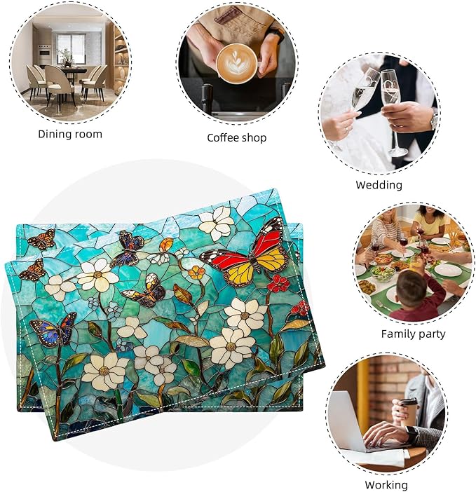 Butterfly Teal Placemats Set of 4, Colorful Stained Glass Place Mats, Rustic Flowers Dining Table Mats, Washable Placemats for Kitchen Dining Room Home Decor 18L'' × 12W''