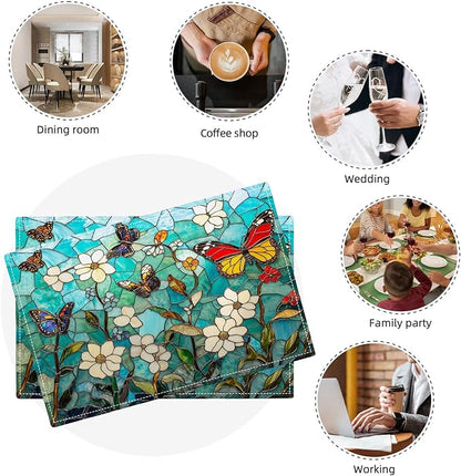 Butterfly Teal Placemats Set of 4, Colorful Stained Glass Place Mats, Rustic Flowers Dining Table Mats, Washable Placemats for Kitchen Dining Room Home Decor 18L'' × 12W''