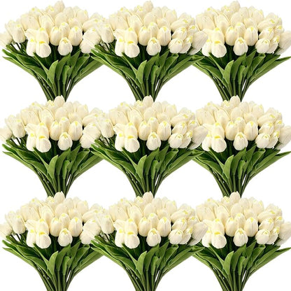 Janinka 75pcs Artificial Tulip Flowers Fake PU Tulips Faux Latex Bouquet Flower Centerpieces Arrangement Floral for Mother Day Wedding Spring Decorations (Milk White)