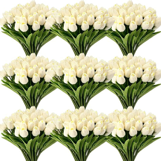 Janinka 75pcs Artificial Tulip Flowers Fake PU Tulips Faux Latex Bouquet Flower Centerpieces Arrangement Floral for Mother Day Wedding Spring Decorations (Milk White)